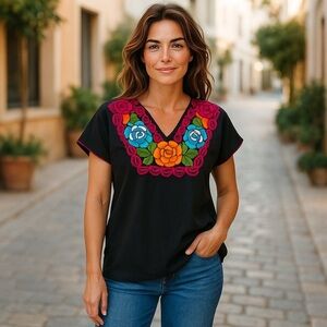 Handmade Embroidered Black V-Neck Blouse